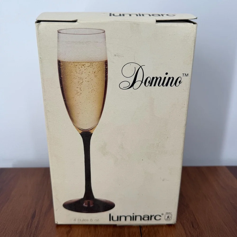 VTG Luminarc France Black Stem Champagne Flutes (4) Domino 1980s Original Box